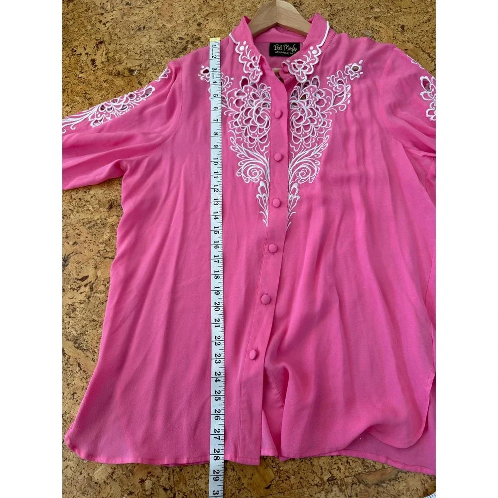 Bob Mackie Wearable Art VINTAGE 90s button down bubblegum 100% silk embroidery L - Picture 12 of 14